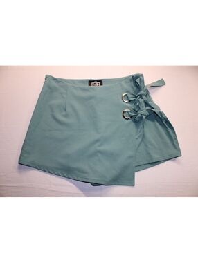 Luxe Sage Green Wrap Tie Skort Mini Skirt Asymmetric Grommet Detailed